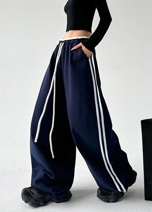 Boutique Navy Blue Drawstring Elastic Waist Wide Leg Pants Spring Ta051