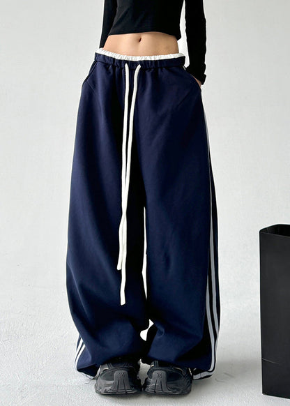 Boutique Navy Blue Drawstring Elastic Waist Wide Leg Pants Spring Ta051