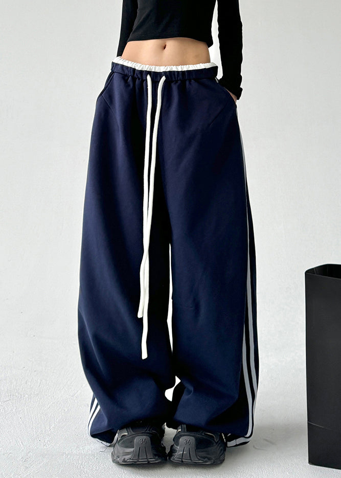 Boutique Navy Blue Drawstring Elastic Waist Wide Leg Pants Spring Ta051