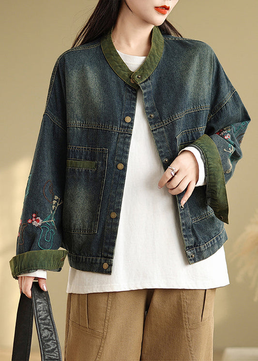 Boutique Navy Embroidered Patchwork Denim Coat Spring Tm002