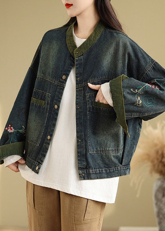 Boutique Navy Embroidered Patchwork Denim Coat Spring Tm002