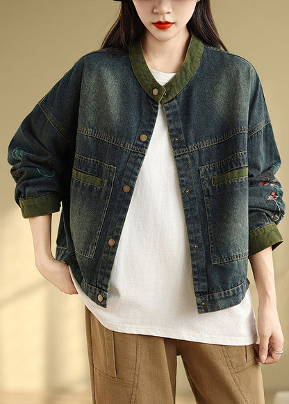 Boutique Navy Embroidered Patchwork Denim Coat Spring Tm002