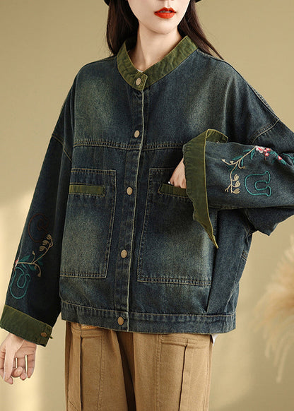 Boutique Navy Embroidered Patchwork Denim Coat Spring Tm002