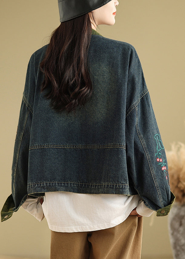 Boutique Navy Embroidered Patchwork Denim Coat Spring Tm002