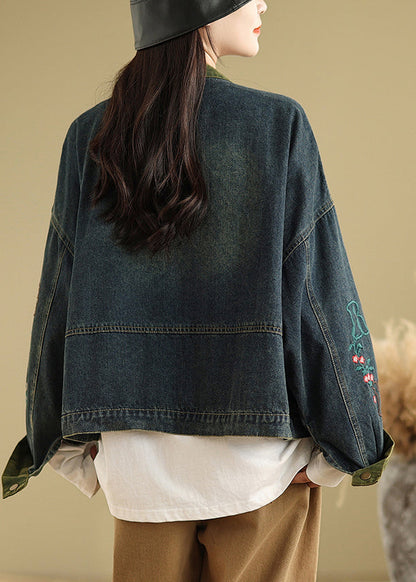 Boutique Navy Embroidered Patchwork Denim Coat Spring Tm002