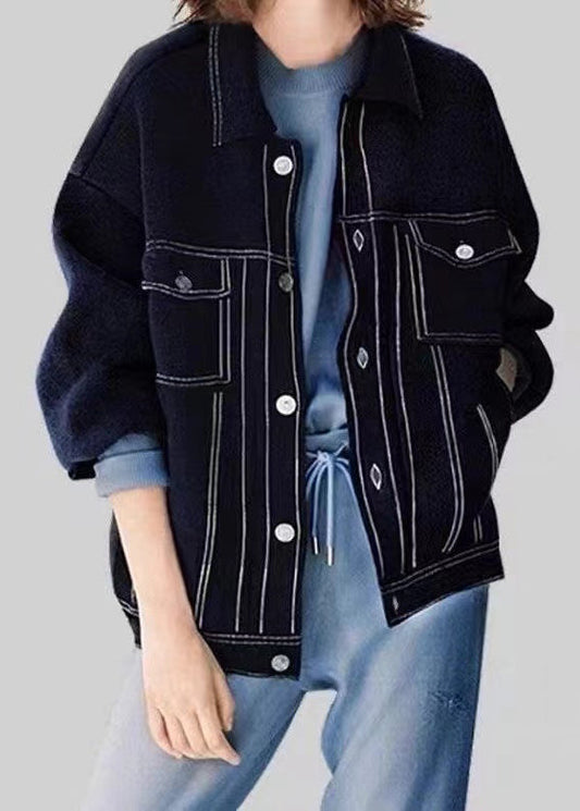 Boutique Navy Peter Pan Collar Pockets Knit Coat Fall Wo022