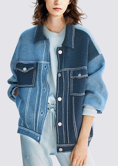 Boutique Navy Peter Pan Collar Pockets Knit Coat Fall Wo022