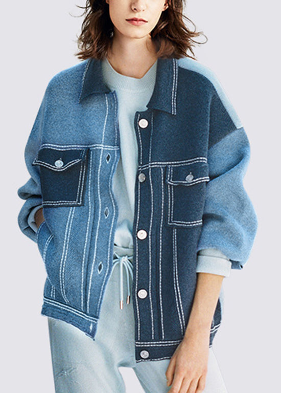 Boutique Navy Peter Pan Collar Pockets Knit Coat Fall Wo022