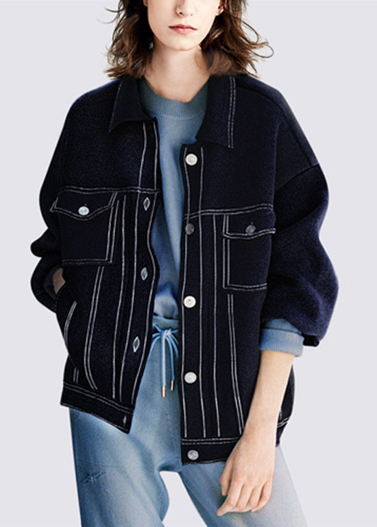 Boutique Navy Peter Pan Collar Pockets Knit Coat Fall Wo022