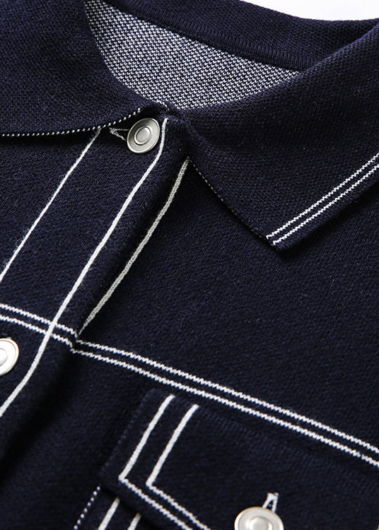 Boutique Navy Peter Pan Collar Pockets Knit Coat Fall Wo022
