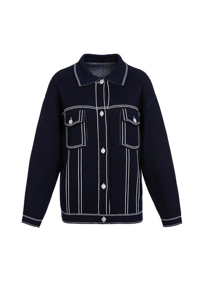 Boutique Navy Peter Pan Collar Pockets Knit Coat Fall Wo022