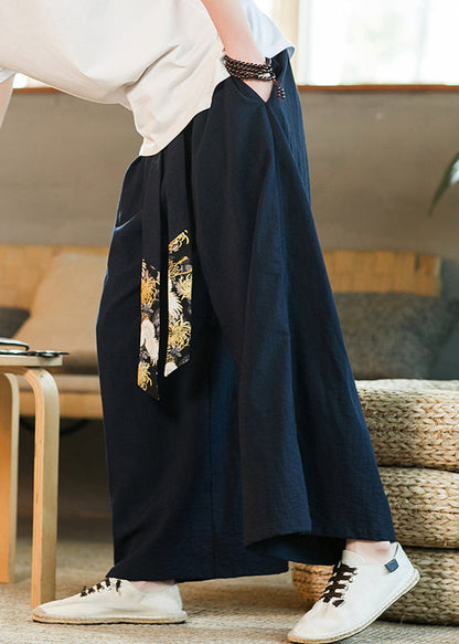 Boutique Navy Pockets Ribbon Patchwork Cotton Pants Summer Sa062