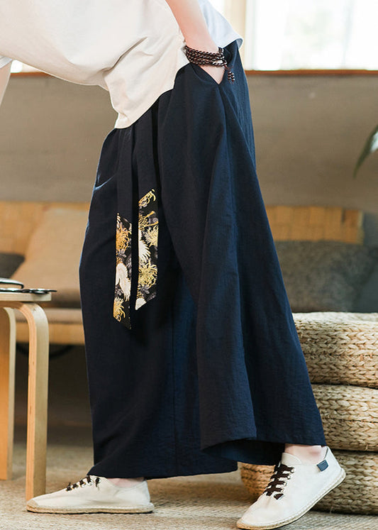 Boutique Navy Pockets Ribbon Patchwork Cotton Pants Summer Sa062