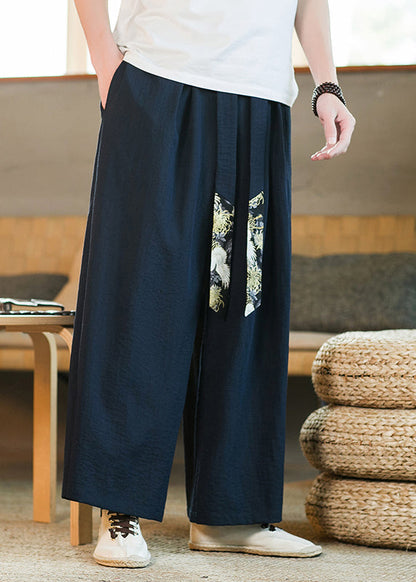 Boutique Navy Pockets Ribbon Patchwork Cotton Pants Summer Sa062