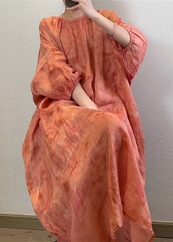 Boutique Orange O-neck Print Maxi Dresses Long Sleeve Uu040