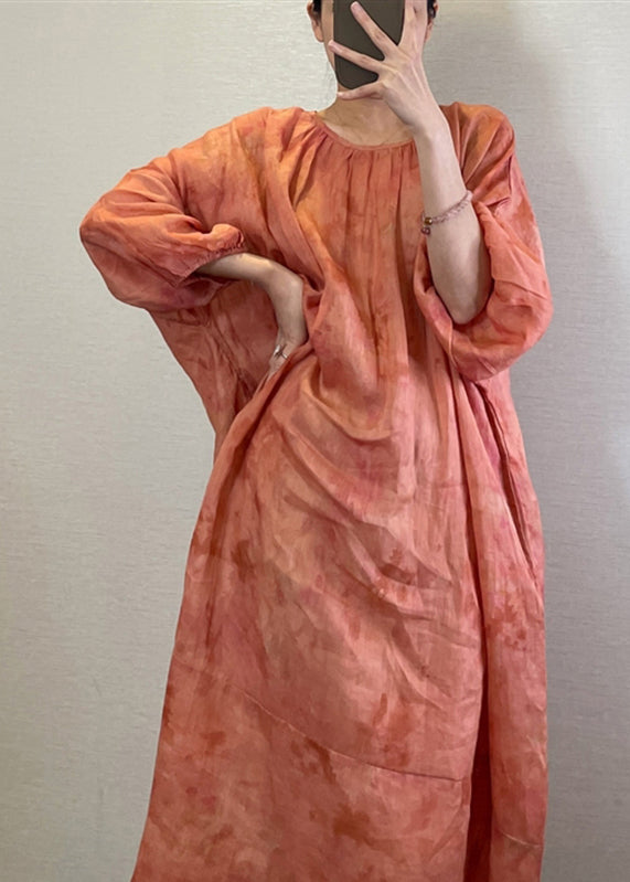 Boutique Orange O-neck Print Maxi Dresses Long Sleeve Uu040