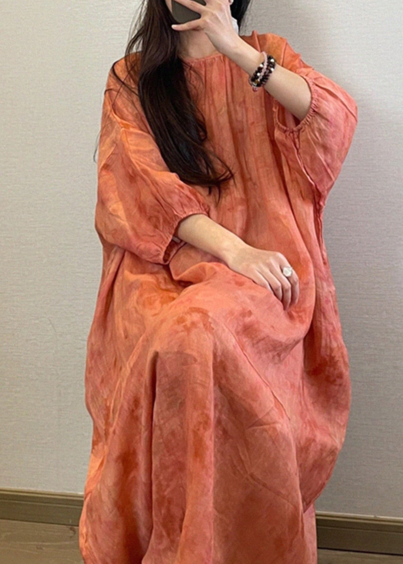 Boutique Orange O-neck Print Maxi Dresses Long Sleeve Uu040