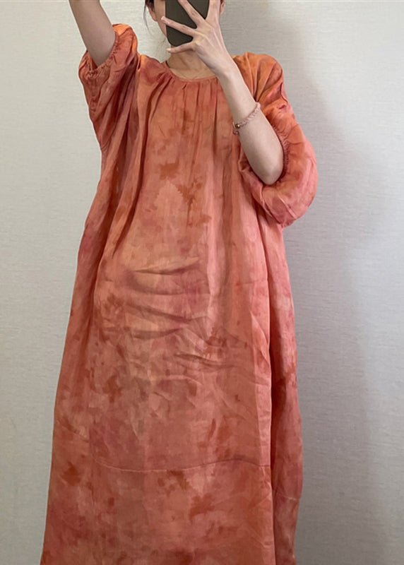 Boutique Orange O-neck Print Maxi Dresses Long Sleeve Uu040