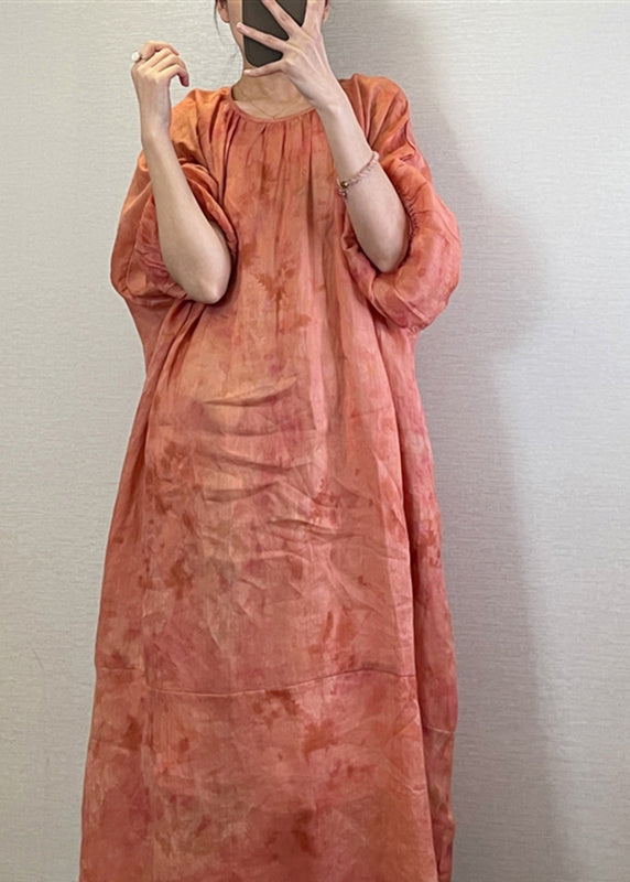 Boutique Orange O-neck Print Maxi Dresses Long Sleeve Uu040