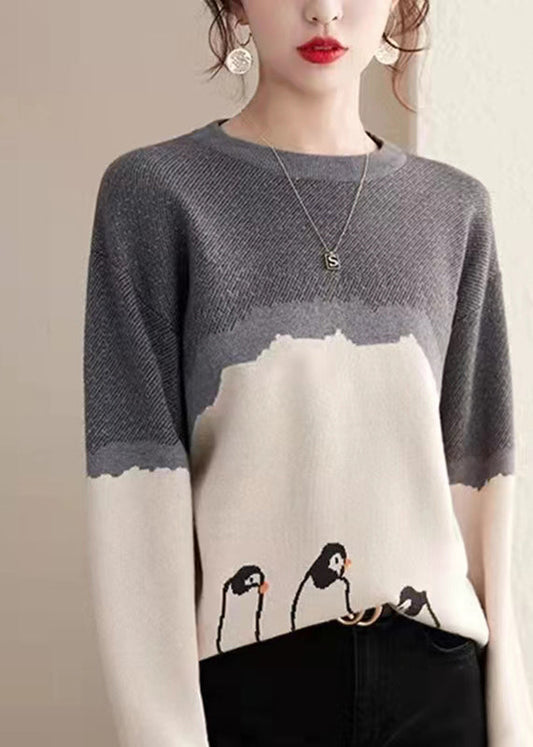 Boutique Photo Color O-neck Print Cotton Knit Sweaters Fall Qt046