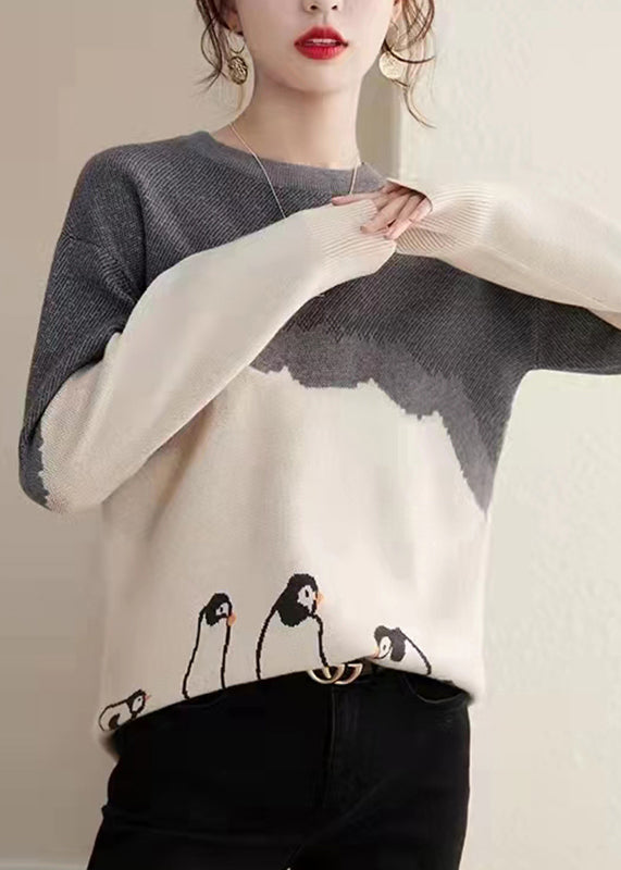 Boutique Photo Color O-neck Print Cotton Knit Sweaters Fall Qt046