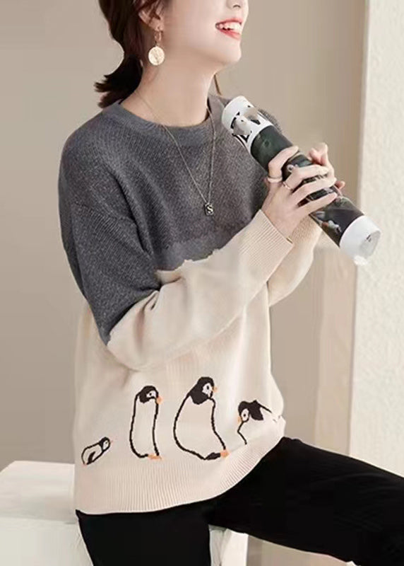 Boutique Photo Color O-neck Print Cotton Knit Sweaters Fall Qt046
