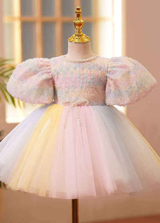 Boutique Pink O-neck Nail Bead Tulle Kids Vacation Long Dresses Short Sleeve Ys002