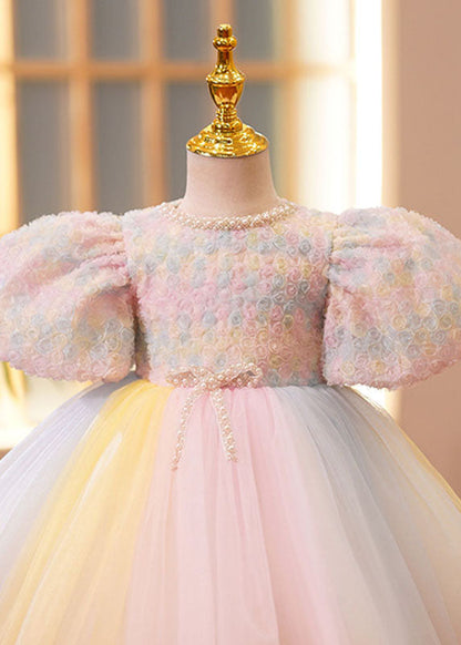 Boutique Pink O-neck Nail Bead Tulle Kids Vacation Long Dresses Short Sleeve Ys002