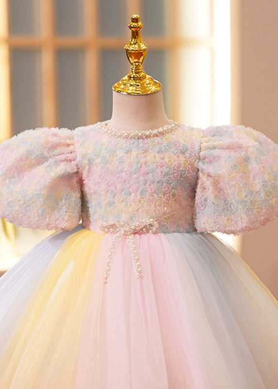 Boutique Pink O-neck Nail Bead Tulle Kids Vacation Long Dresses Short Sleeve Ys002