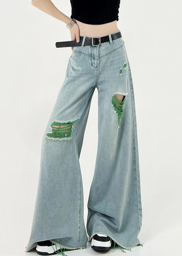 Boutique Pink Patchwork Ripped Denim Wide Leg Pants Fall Ri006
