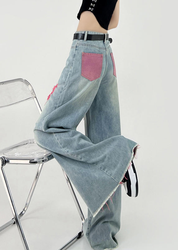 Boutique Pink Patchwork Ripped Denim Wide Leg Pants Fall Ri006