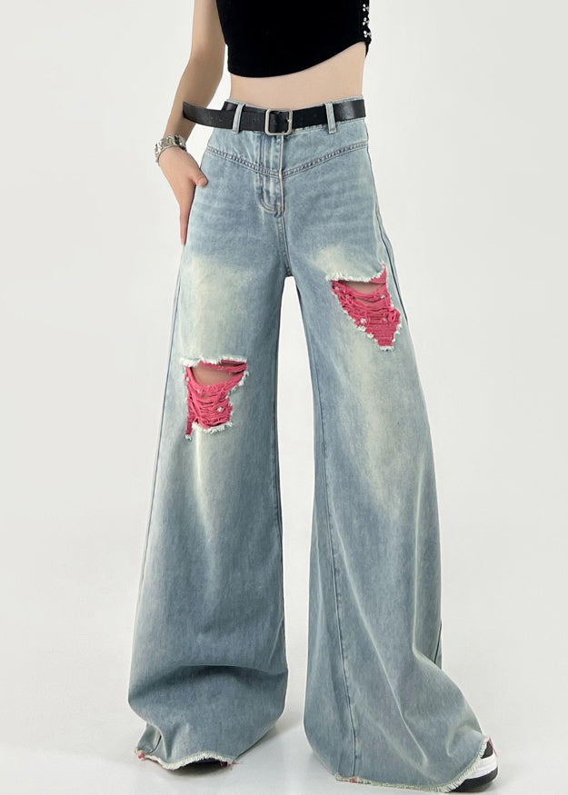 Boutique Pink Patchwork Ripped Denim Wide Leg Pants Fall Ri006