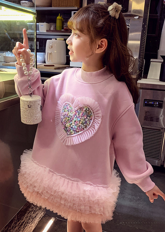 Boutique Pink Sequins Warm Fleece Kids Mid Sweatshirts Dress Spring Ye026