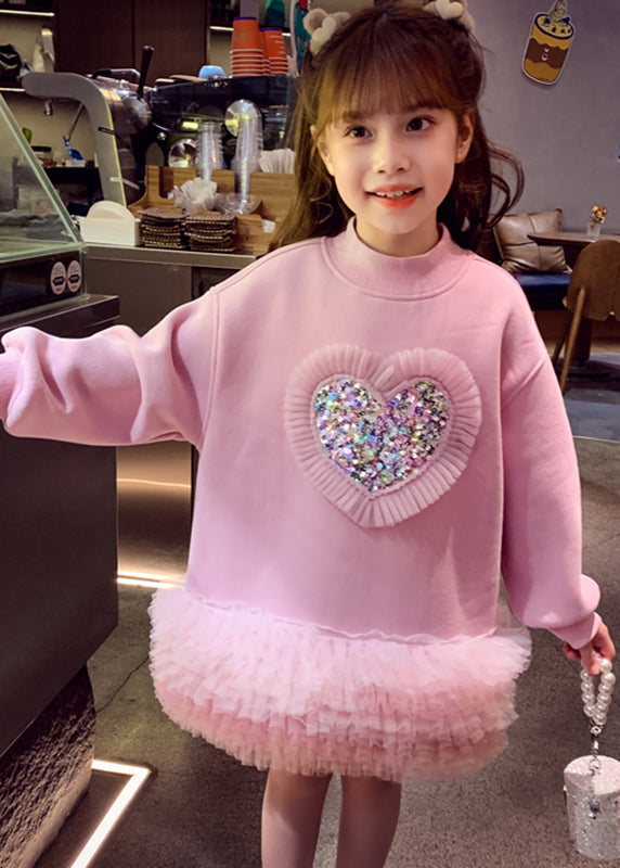 Boutique Pink Sequins Warm Fleece Kids Mid Sweatshirts Dress Spring Ye026