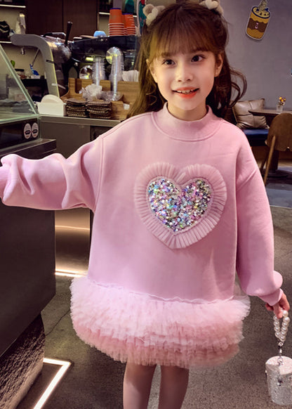 Boutique Pink Sequins Warm Fleece Kids Mid Sweatshirts Dress Spring Ye026