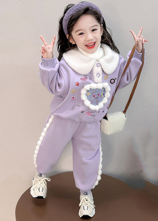Boutique Purple Peter Pan Collar Print Kids Warm Fleece Sweatshirt and Harem Pants Two Pieces Set Winter Tr037