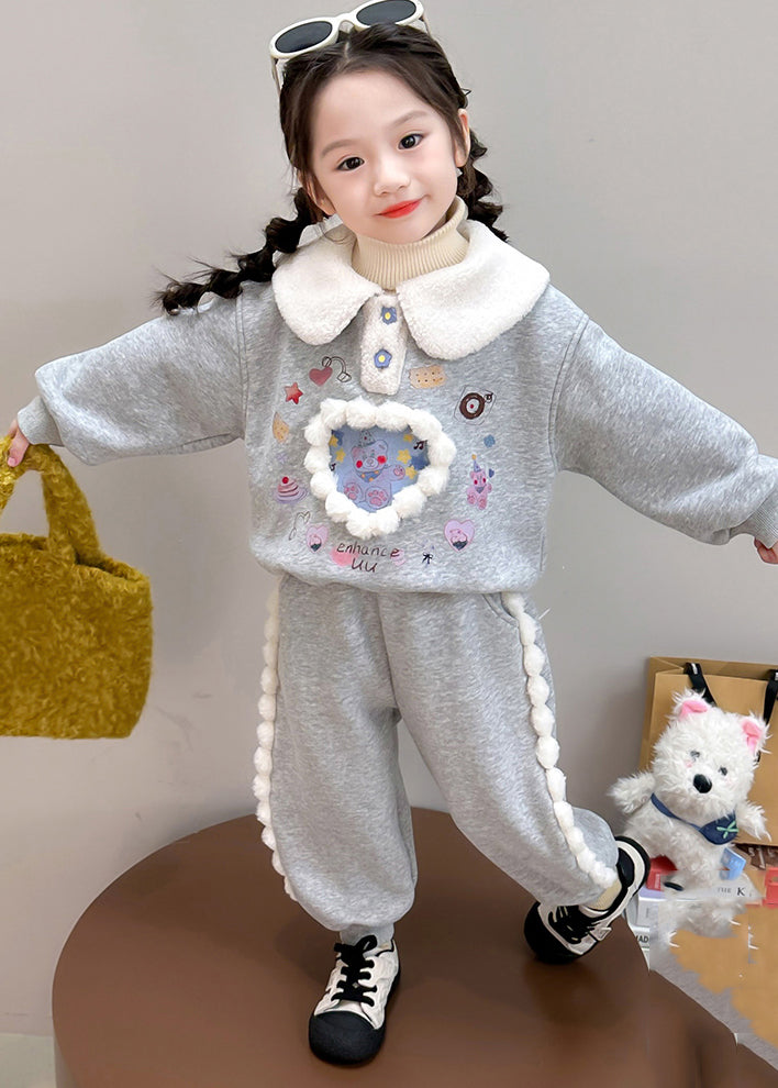 Boutique Purple Peter Pan Collar Print Kids Warm Fleece Sweatshirt and Harem Pants Two Pieces Set Winter Tr037