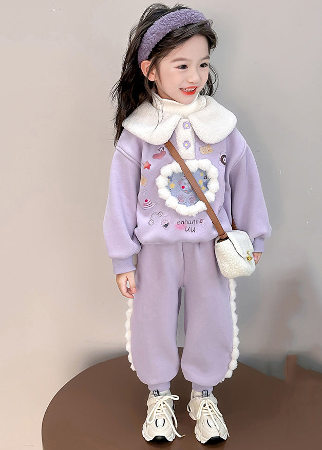 Boutique Purple Peter Pan Collar Print Kids Warm Fleece Sweatshirt and Harem Pants Two Pieces Set Winter Tr037