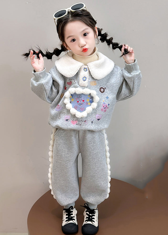 Boutique Purple Peter Pan Collar Print Kids Warm Fleece Sweatshirt and Harem Pants Two Pieces Set Winter Tr037