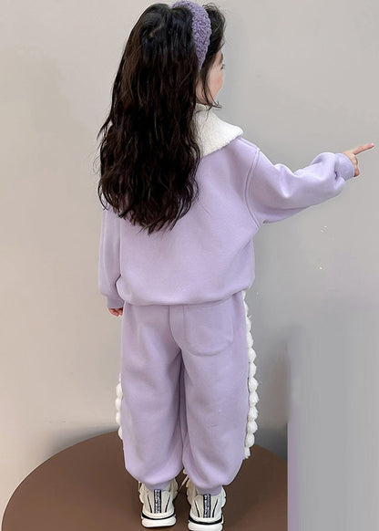 Boutique Purple Peter Pan Collar Print Kids Warm Fleece Sweatshirt and Harem Pants Two Pieces Set Winter Tr037