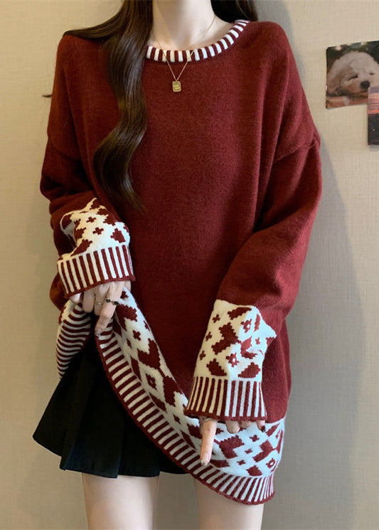 Boutique Red O Neck Jacquard Patchwork Knit Sweater Winter Rg039