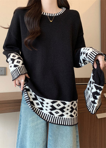 Boutique Red O Neck Jacquard Patchwork Knit Sweater Winter Rg039