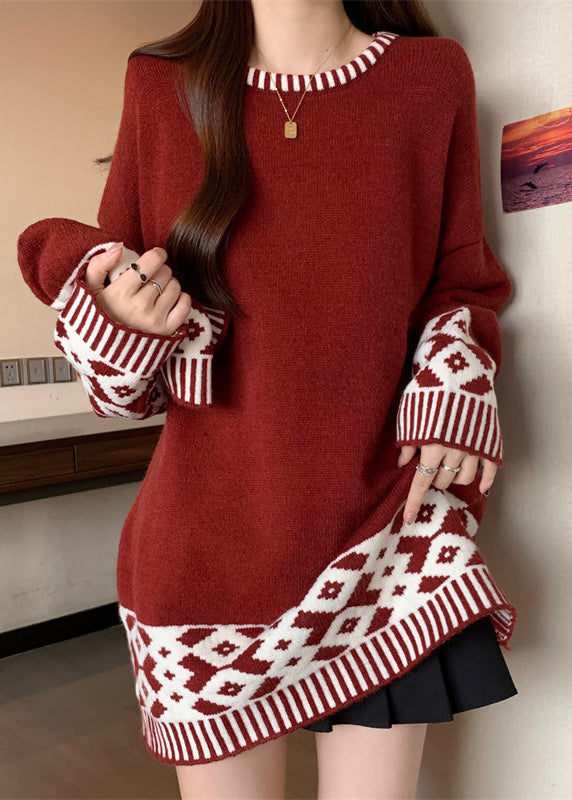 Boutique Red O Neck Jacquard Patchwork Knit Sweater Winter Rg039