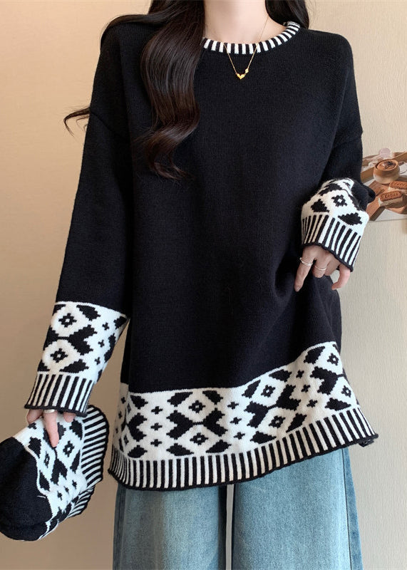 Boutique Red O Neck Jacquard Patchwork Knit Sweater Winter Rg039