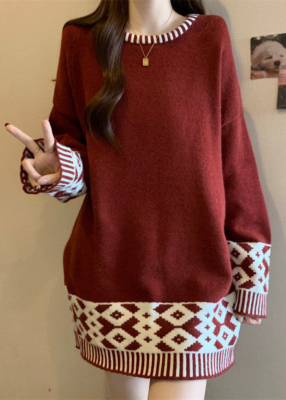 Boutique Red O Neck Jacquard Patchwork Knit Sweater Winter Rg039
