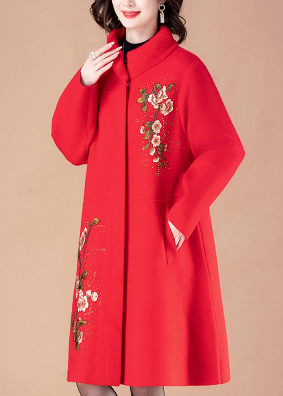 Boutique Red Print Pockets Woolen Long Coats Spring Ta034