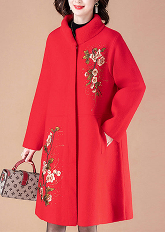 Boutique Red Print Pockets Woolen Long Coats Spring Ta034
