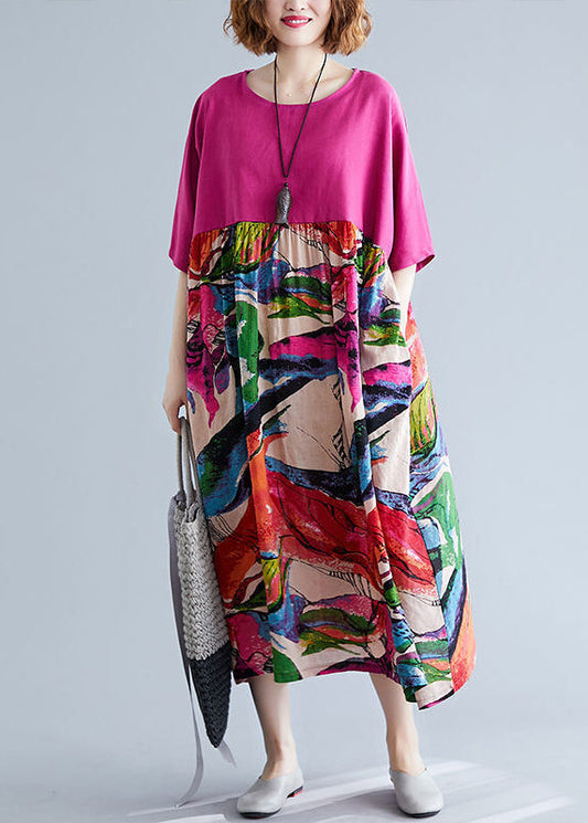 Boutique Rose Oversized Patchwork Print Cotton Maxi Dresses Half Sleeve Ly0919