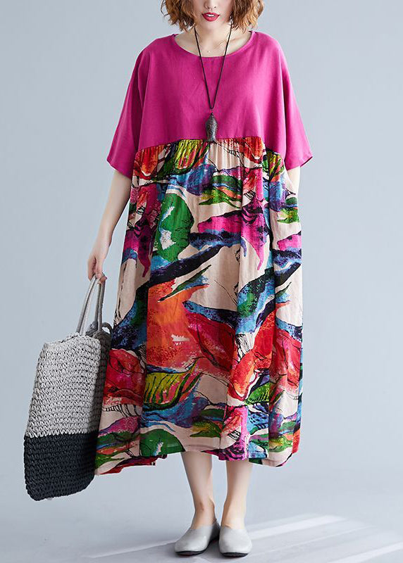 Boutique Rose Oversized Patchwork Print Cotton Maxi Dresses Half Sleeve Ly0919