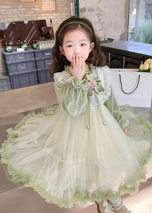 Boutique Silk Velour Patchwork Green Stand Collar Ruffled Tulle Maxi Dress Flare Sleeve Tg007